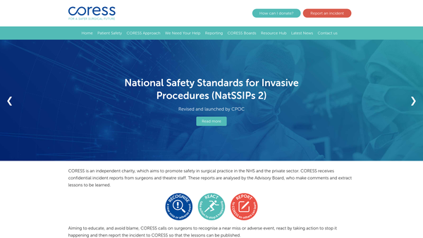 Screenshot of the Confidential Reporting System In Surgery Ltd website