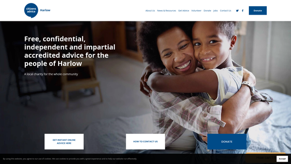 Screenshot of the Harlow Citizens Advice Bureau Limited website