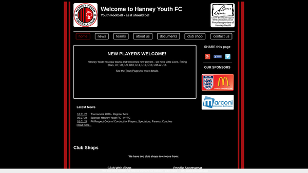 Screenshot of the Hanney Youth Football Club website