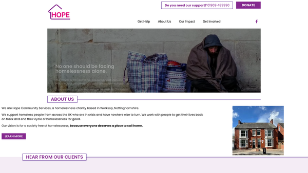 Screenshot of the Hope Community Services website