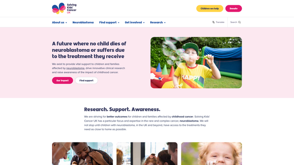 Screenshot of the Solving Kids' Cancer UK website