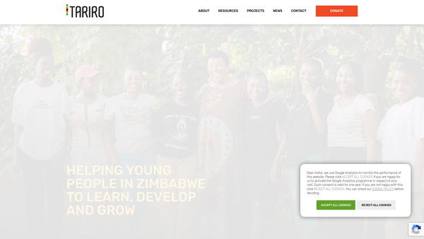 Screenshot of the Tariro - Hope For Youth In Zimbabwe website