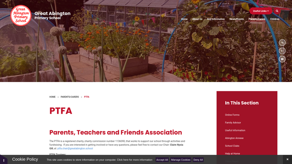 Screenshot of the Great Abington Primary School Parent Teacher Friends Association website