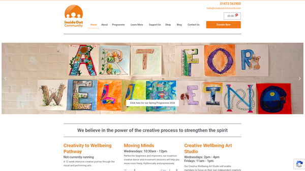 Screenshot of the Inside Out Community Arts In Mental Health website