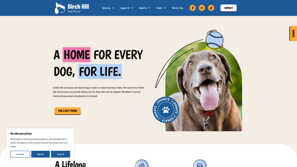 Screenshot of the Birch Hill Dog Rescue website