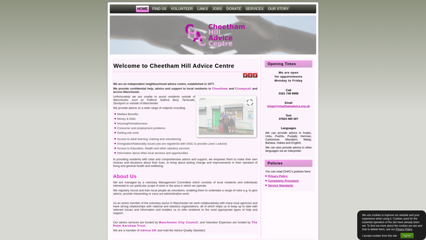 Screenshot of the Cheetham Hill Advice Centre website