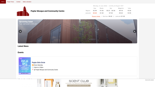 Screenshot of the Poplar Mosque And Community Centre Limited website