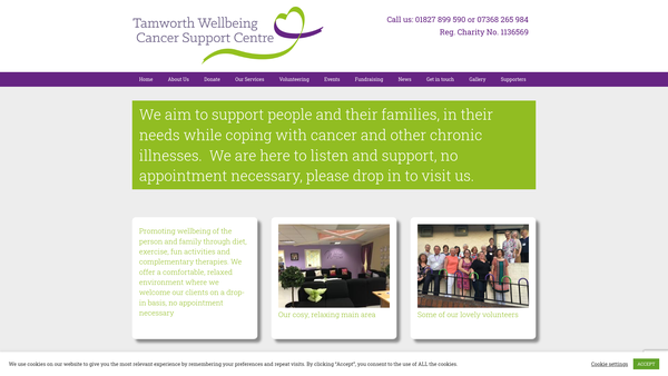 Screenshot of the Tamworth Wellbeing And Cancer Support Centre website