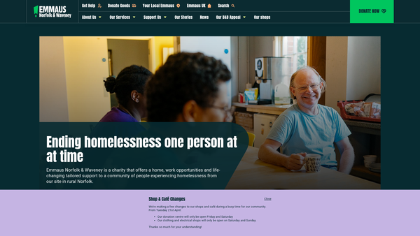 Screenshot of the Emmaus Norfolk And Waveney website