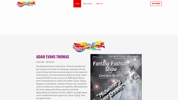 Screenshot of the Adam's Bucketful Of Hope Appeal Ltd website