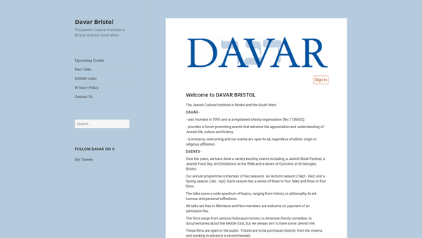 Screenshot of the Davar - The Jewish Cultural Institute In Bristol And The South West website