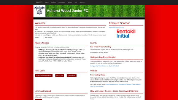 Screenshot of the Ashurstwood Junior Football Club website