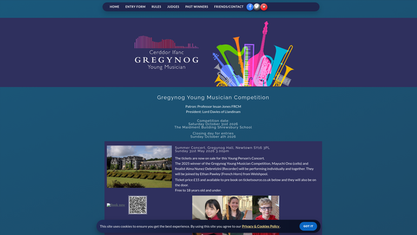 Screenshot of the Friends Of Gregynog Young Musicians website