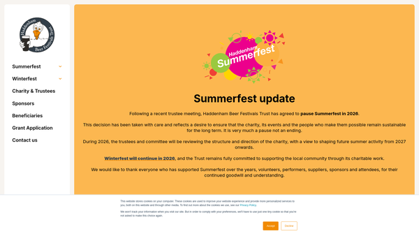 Screenshot of the Haddenham Beer Festivals Trust website