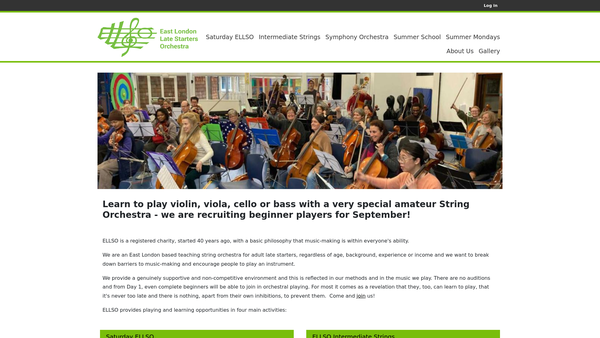 Screenshot of the East London Late Starters Orchestra website