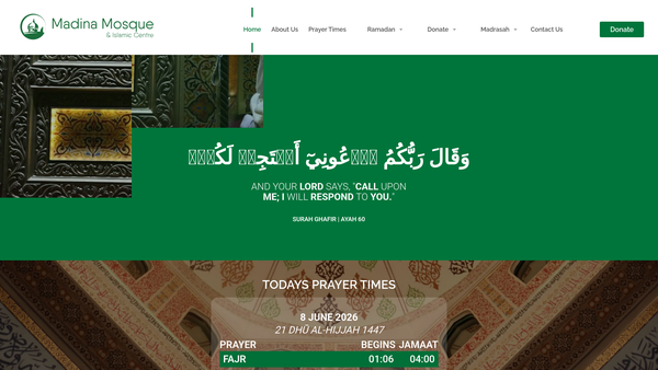 Screenshot of the The Madina Mosque & Islamic Centre Ltd website