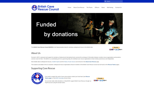 Screenshot of the British Cave Rescue Council website