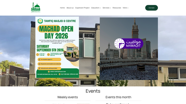 Screenshot of the Tawfiq Masjid And Centre website