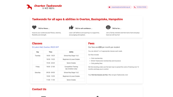 Screenshot of the Overton And Basingstoke Taekwondo website