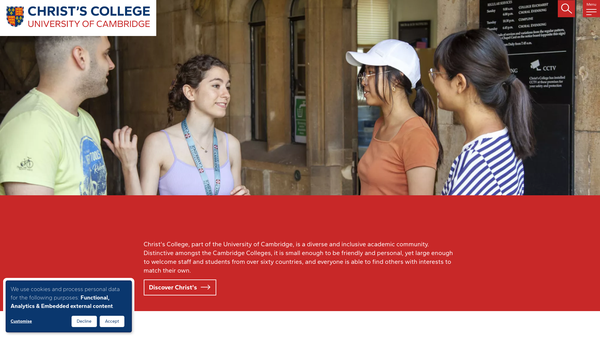 Screenshot of the Christ's College Cambridge In The University Of Cambridge First Founded By King Henry Vi Of England And After His Death website