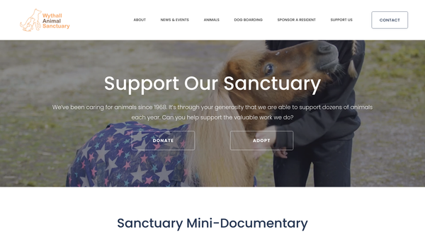 Screenshot of the Wythall Animal Sanctuary website