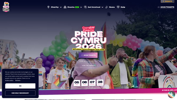 Screenshot of the Cardiff Wales Lesbian Gay Bisexual Transgender Mardi Gras website