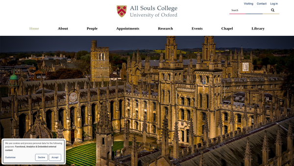 Screenshot of the The College Of All Souls Of The Faithful Departed, Of Oxford website