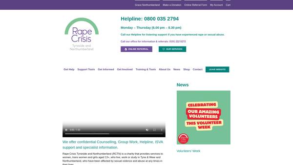 Screenshot of the Rape Crisis Tyneside And Northumberland website