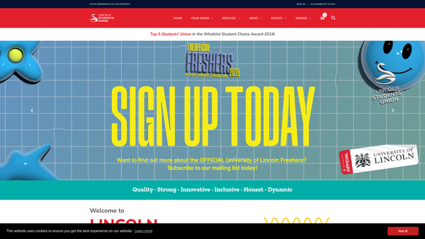 Screenshot of the University Of Lincoln Students Union website