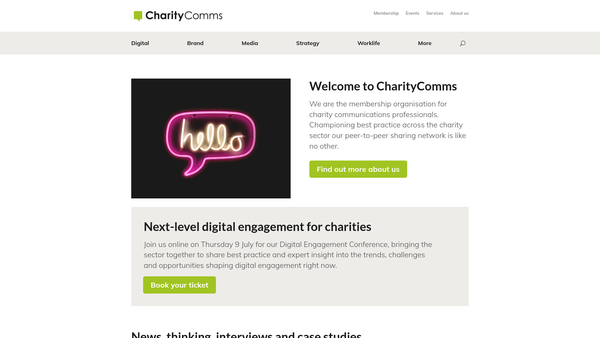 Screenshot of the Charitycomms website