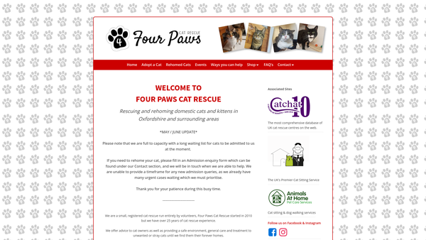 Screenshot of the Four Paws Cat Rescue website