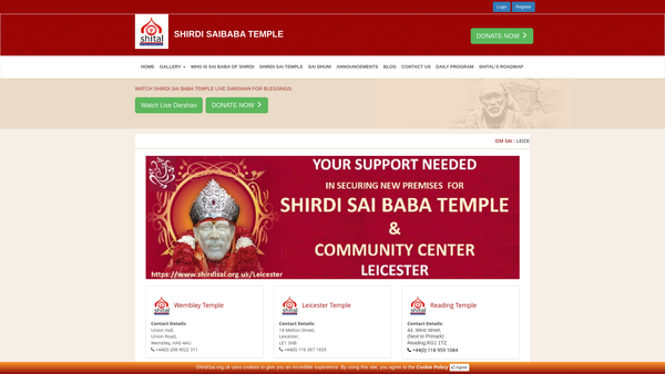 Screenshot of the Shirdi Sai Baba Temple Association Of London website