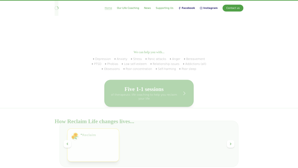 Screenshot of the Reclaim Life website
