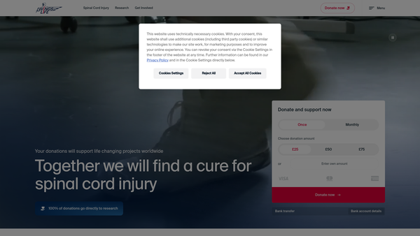 Screenshot of the Wings For Life UK Spinal Cord Research Foundation website