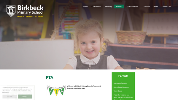 Screenshot of the Birkbeck Primary School PTA website