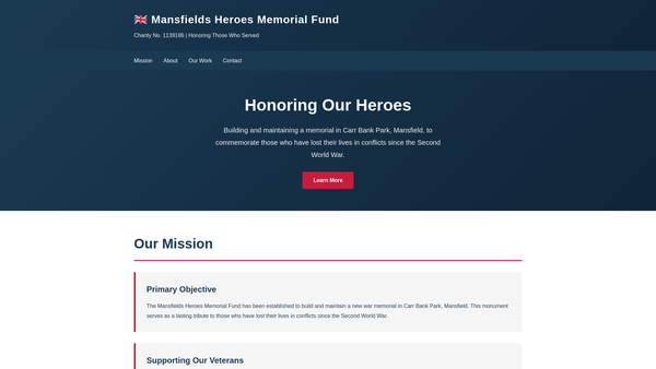 Screenshot of the Mansfields Heroes Memorial Fund website