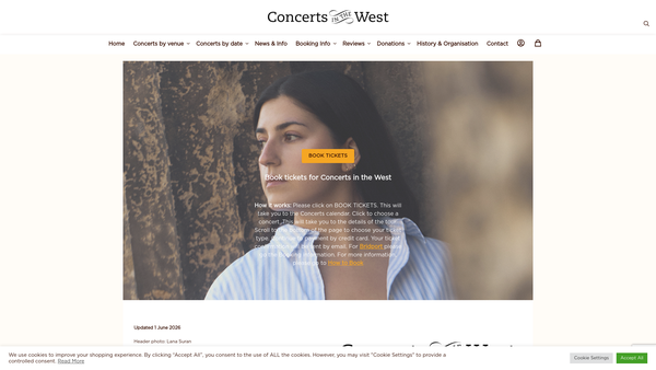 Screenshot of the Concerts In The West website