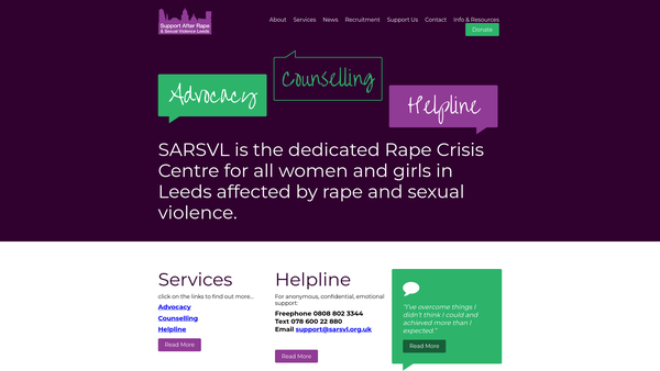 Screenshot of the Support After Rape And Sexual Violence Leeds (Sarsvl) website