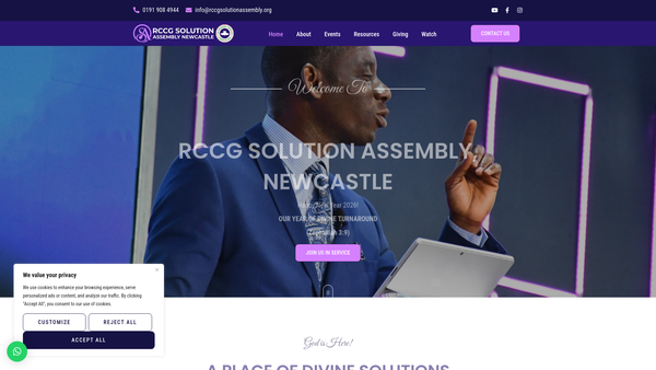 Screenshot of the The Redeemed Christian Church Of God - Solution Assembly, Newcastle website