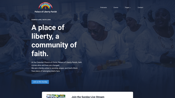 Screenshot of the Celestial Church Of Christ Palace Of Liberty Parish website