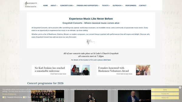 Screenshot of the Grayshott Concerts website