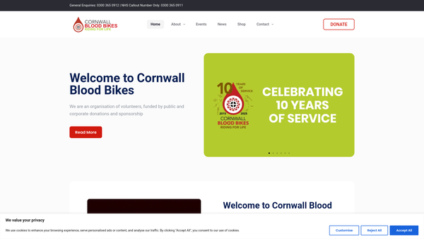 Screenshot of the Cornwall Blood Bikes website