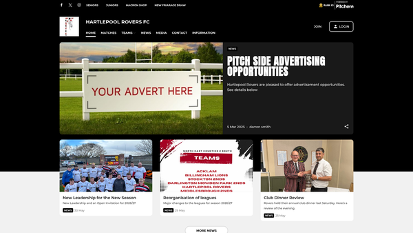 Screenshot of the Hartlepool Rovers Junior Section website