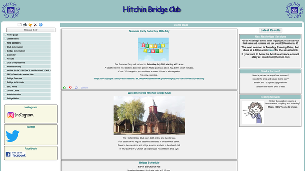 Screenshot of the Hitchin Bridge Club website
