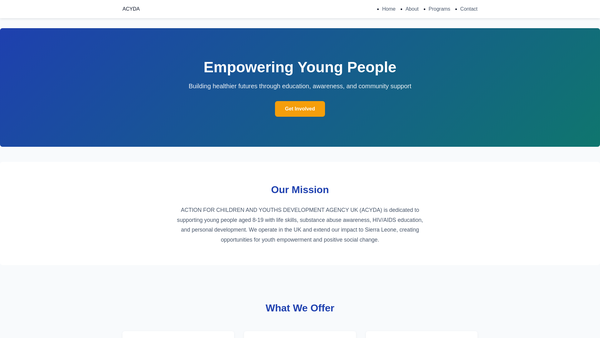 Screenshot of the Action For Children And Youths Development Agency UK website
