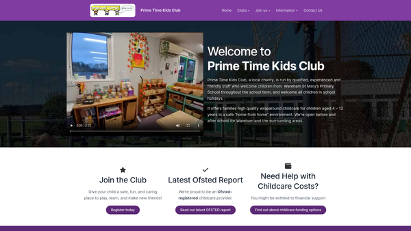 Screenshot of the Prime Time Kids Club website