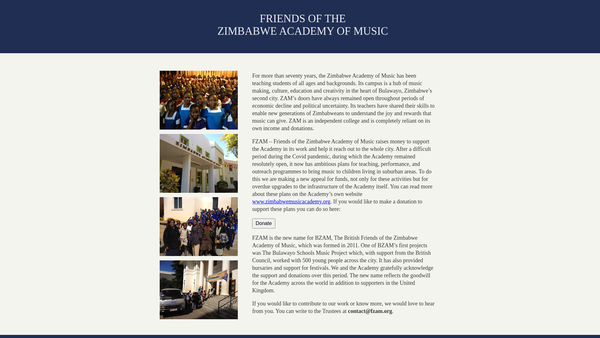 Screenshot of the Friends of the Zimbabwe Academy of Music website