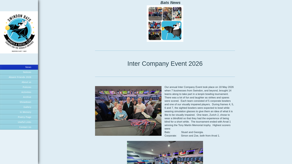 Screenshot of the Swindon Bats Sports & Social Club website
