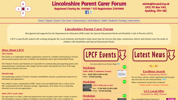 Screenshot of the Lincolnshire Parent Carer Forum website