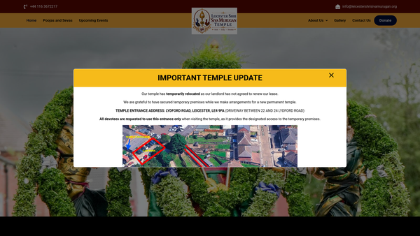 Screenshot of the Leicester Shri Murugan (Hindu) Temple website